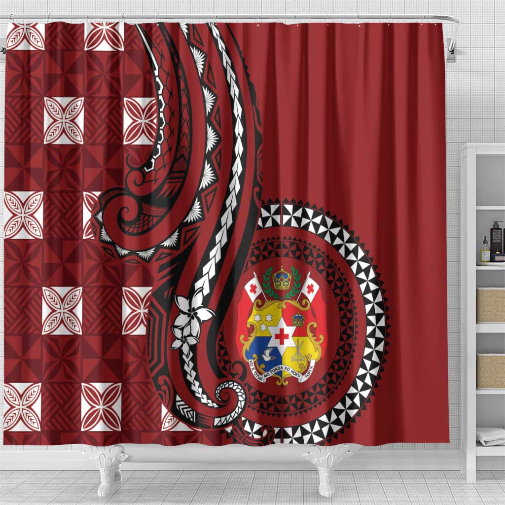 Tonga Ngatu Shower Curtain Iconic Red Manulua Motifs