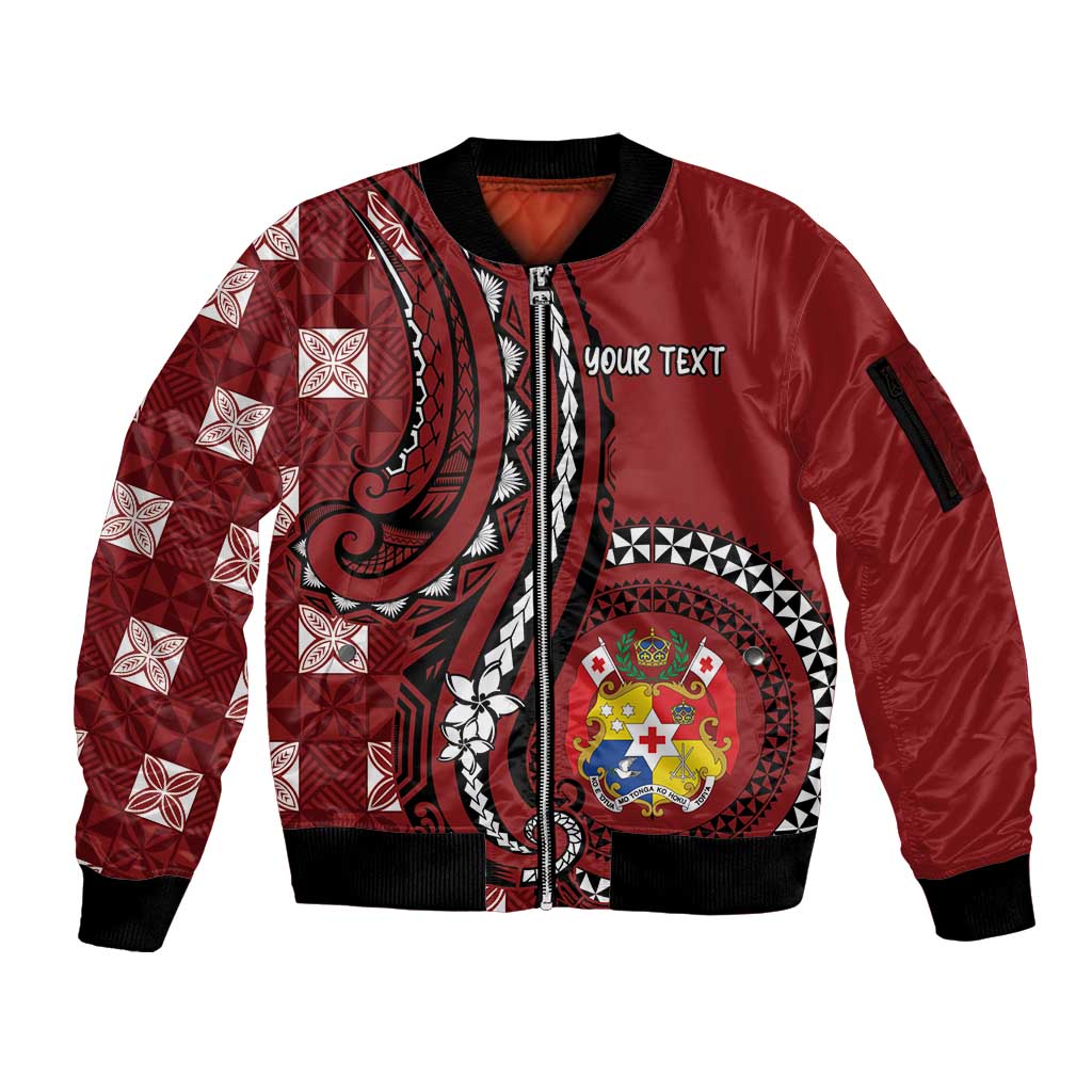 Personalized Tonga Ngatu Sleeve Zip Bomber Jacket Iconic Red Manulua Motifs