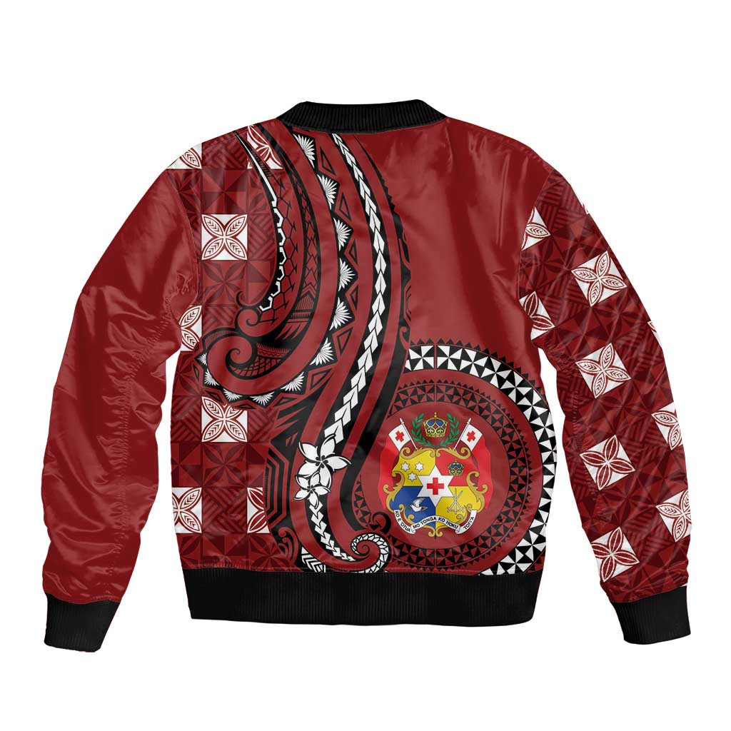 Personalized Tonga Ngatu Sleeve Zip Bomber Jacket Iconic Red Manulua Motifs