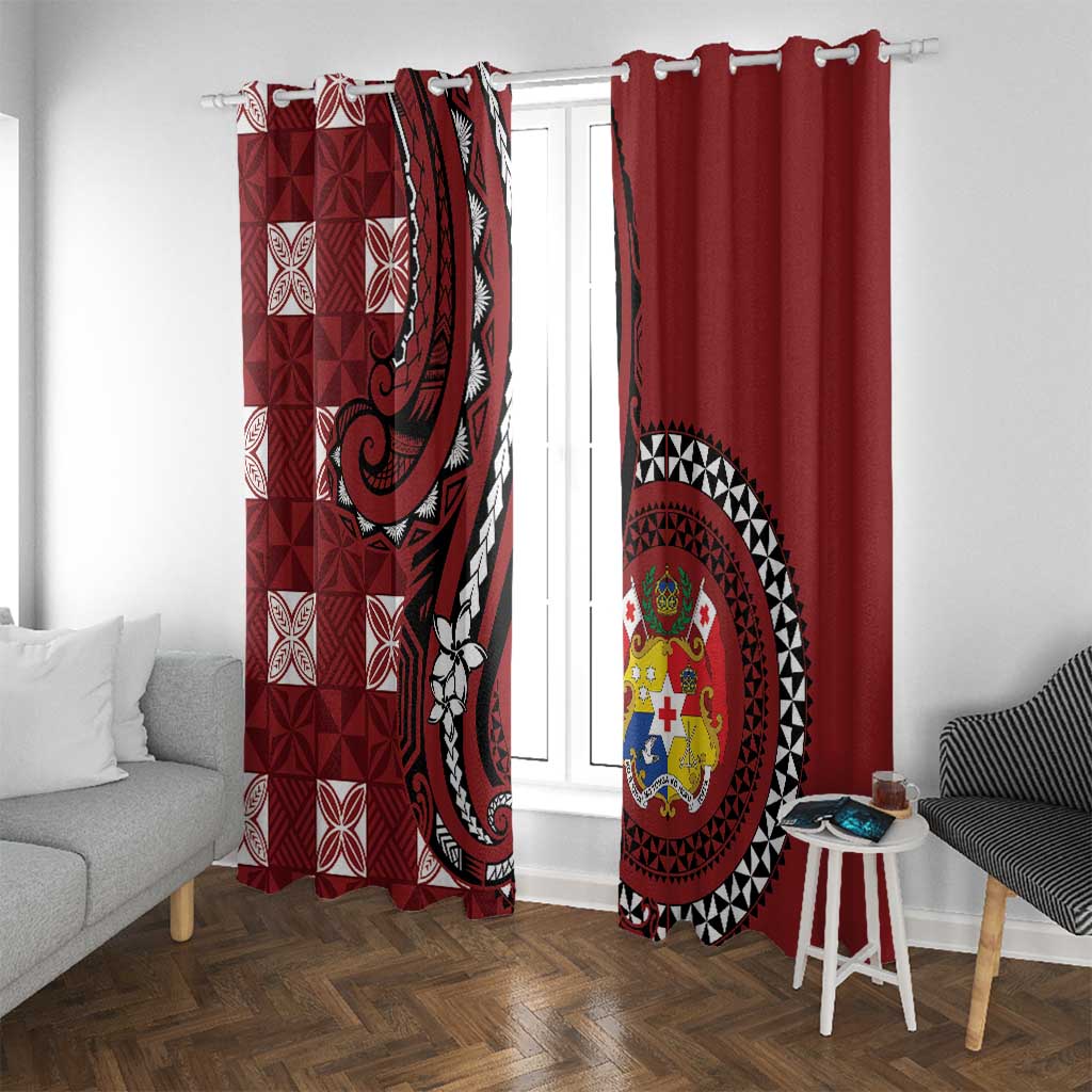 Tonga Ngatu Window Curtain Iconic Red Manulua Motifs LT7 With Grommets Red - Polynesian Pride