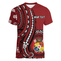 Personalized Tonga Ngatu Women V-Neck T-Shirt Iconic Red Manulua Motifs