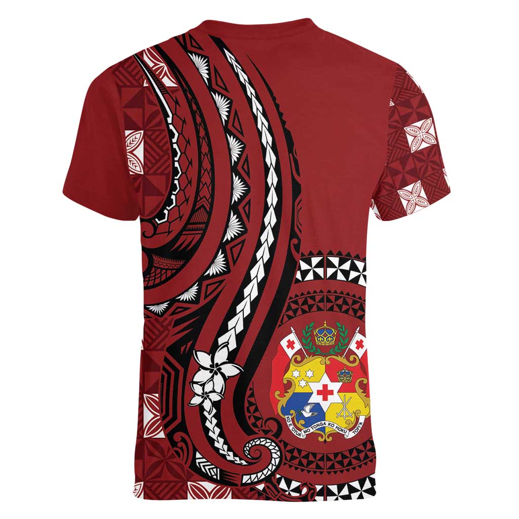 Personalized Tonga Ngatu Women V-Neck T-Shirt Iconic Red Manulua Motifs