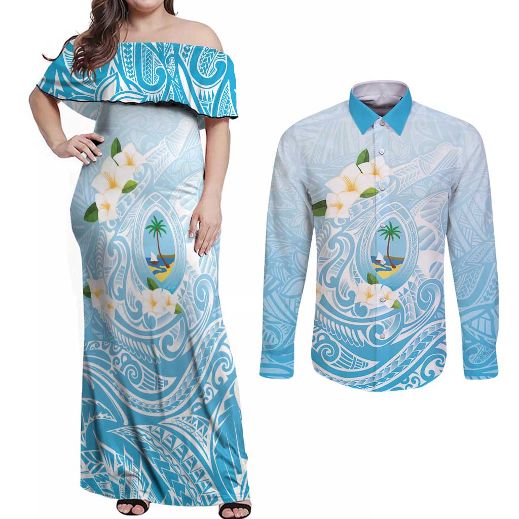 Guam Fishhook Mix Guasali Flowers Couples Matching Off Shoulder Maxi Dress and Long Sleeve Button Shirt Dreaming Turquoise