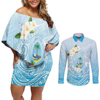 Guam Fishhook Mix Guasali Flowers Couples Matching Off Shoulder Short Dress and Long Sleeve Button Shirt Dreaming Turquoise LT7 Turquoise - Polynesian Pride