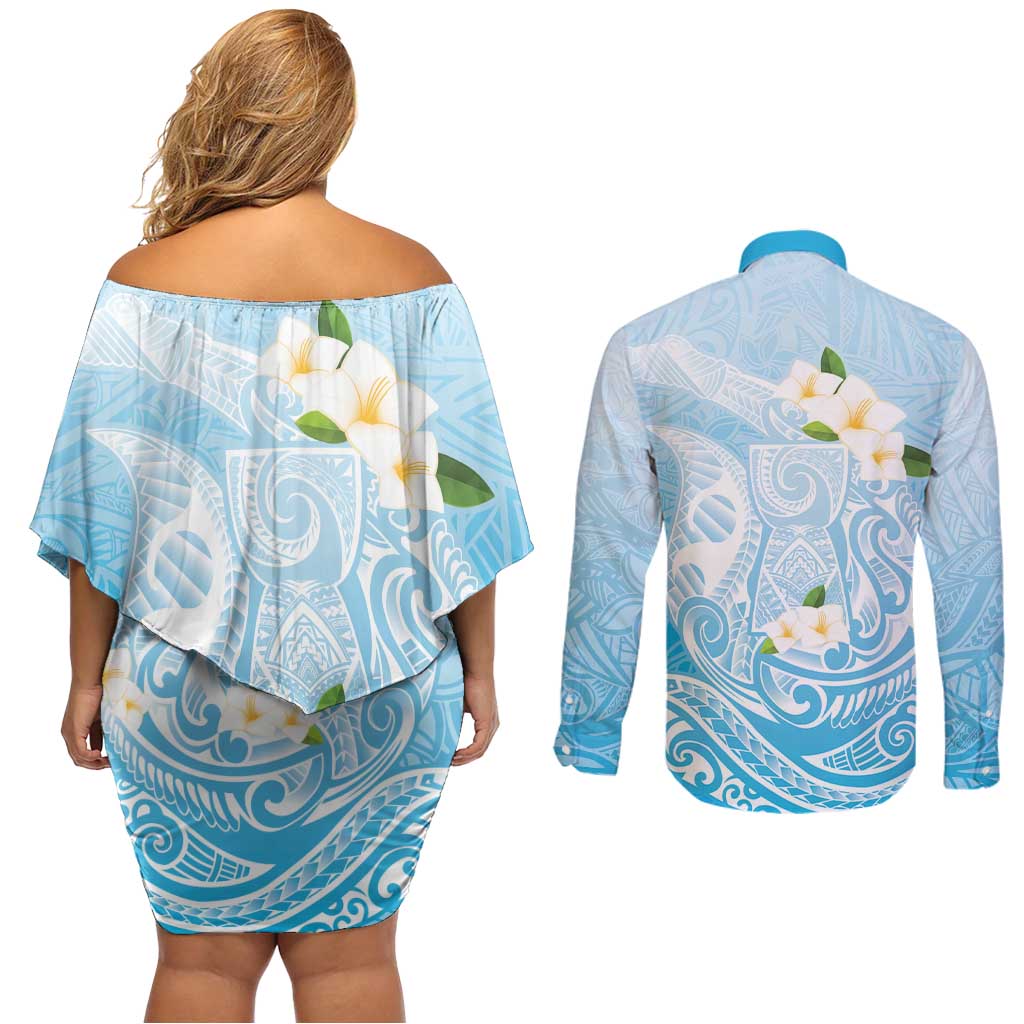 Guam Fishhook Mix Guasali Flowers Couples Matching Off Shoulder Short Dress and Long Sleeve Button Shirt Dreaming Turquoise LT7 - Polynesian Pride