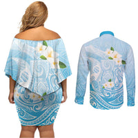 Guam Fishhook Mix Guasali Flowers Couples Matching Off Shoulder Short Dress and Long Sleeve Button Shirt Dreaming Turquoise LT7 - Polynesian Pride