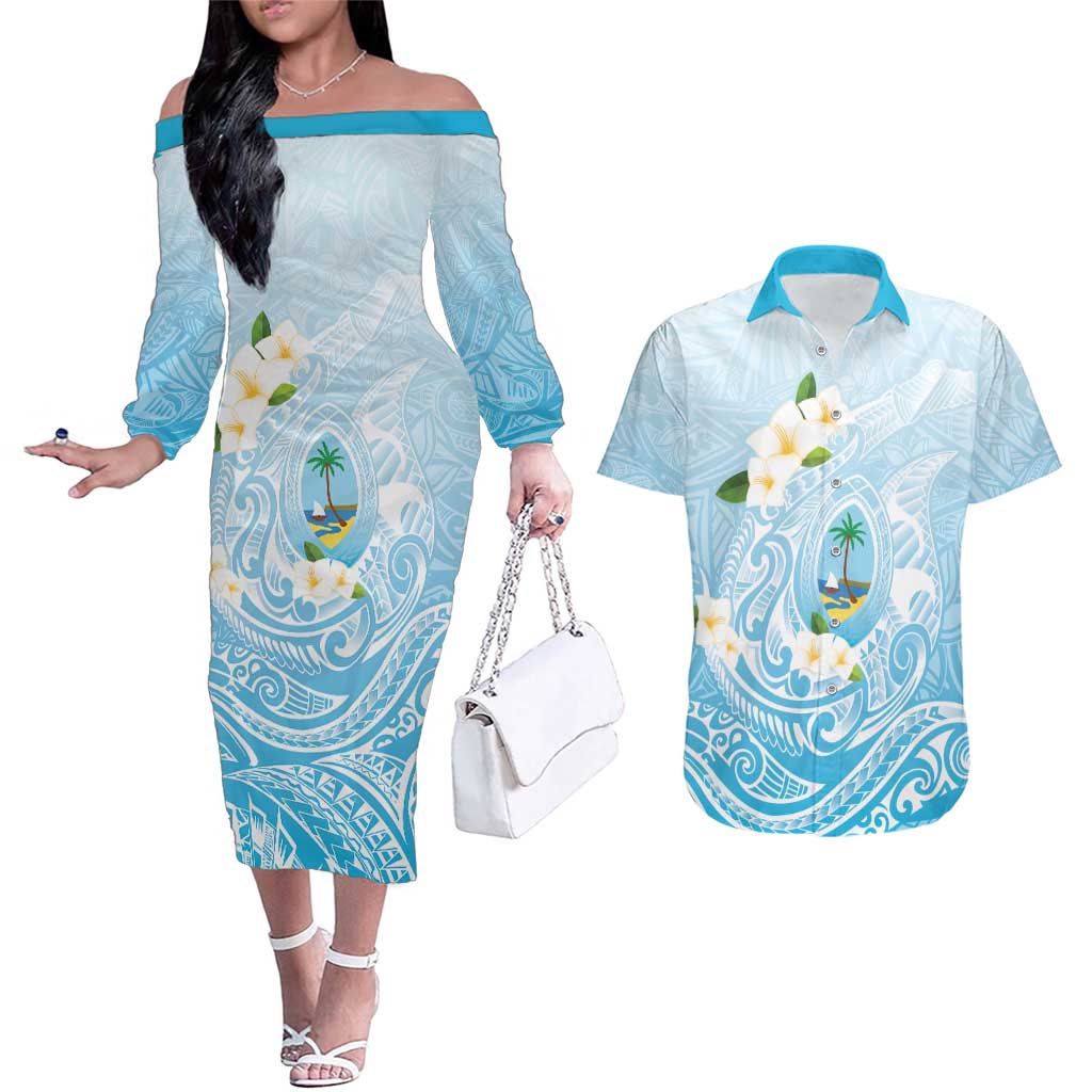 Guam Fishhook Mix Guasali Flowers Couples Matching Off The Shoulder Long Sleeve Dress and Hawaiian Shirt Dreaming Turquoise LT7 Turquoise - Polynesian Pride