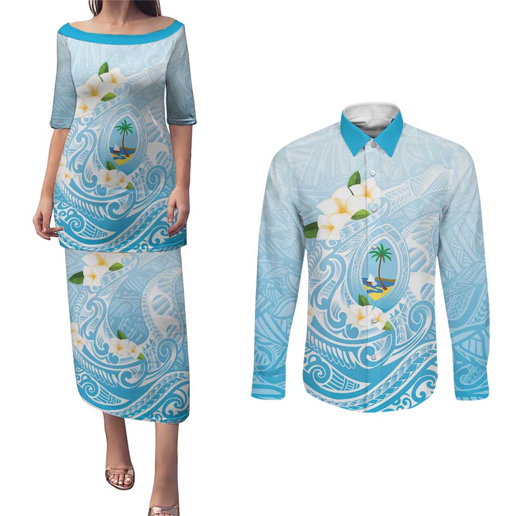Guam Fishhook Mix Guasali Flowers Couples Matching Puletasi and Long Sleeve Button Shirt Dreaming Turquoise LT7 Turquoise - Polynesian Pride