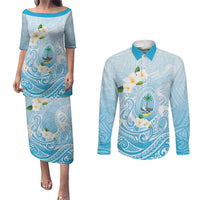 Guam Fishhook Mix Guasali Flowers Couples Matching Puletasi and Long Sleeve Button Shirt Dreaming Turquoise LT7 Turquoise - Polynesian Pride