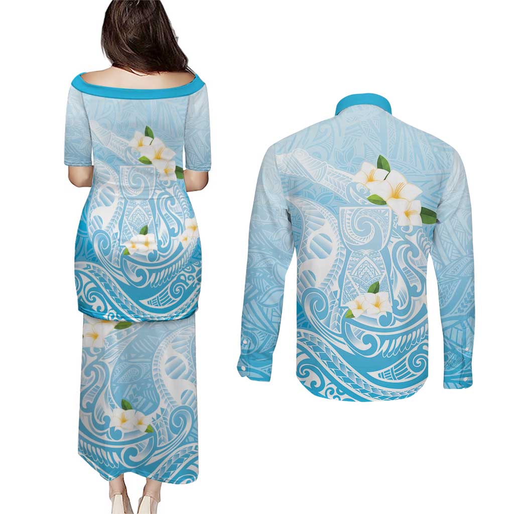 Guam Fishhook Mix Guasali Flowers Couples Matching Puletasi and Long Sleeve Button Shirt Dreaming Turquoise LT7 - Polynesian Pride