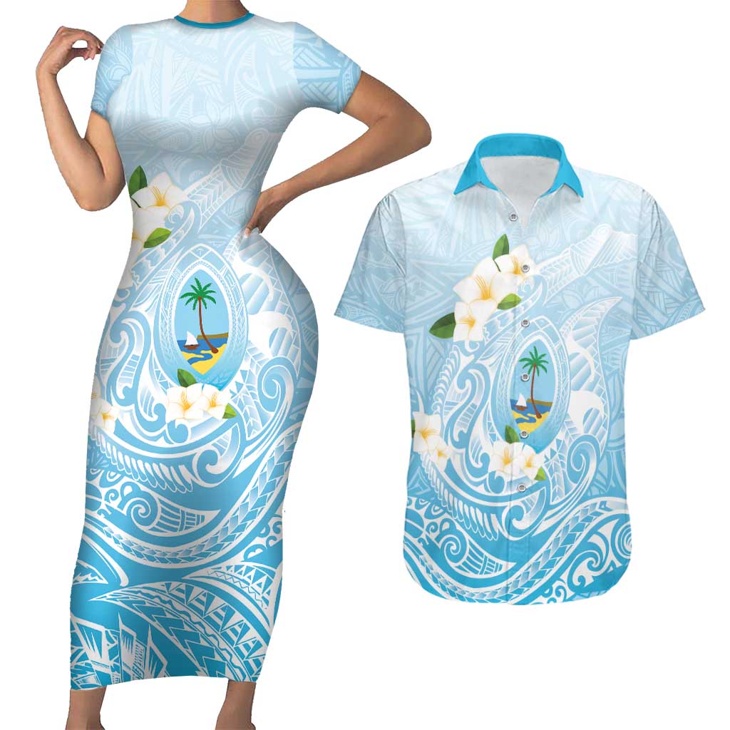 Guam Fishhook Mix Guasali Flowers Couples Matching Short Sleeve Bodycon Dress and Hawaiian Shirt Dreaming Turquoise LT7 Turquoise - Polynesian Pride