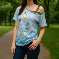 Guam Fishhook Mix Guasali Flowers Cross Shoulder Shirt Dreaming Turquoise LT7 - Polynesian Pride