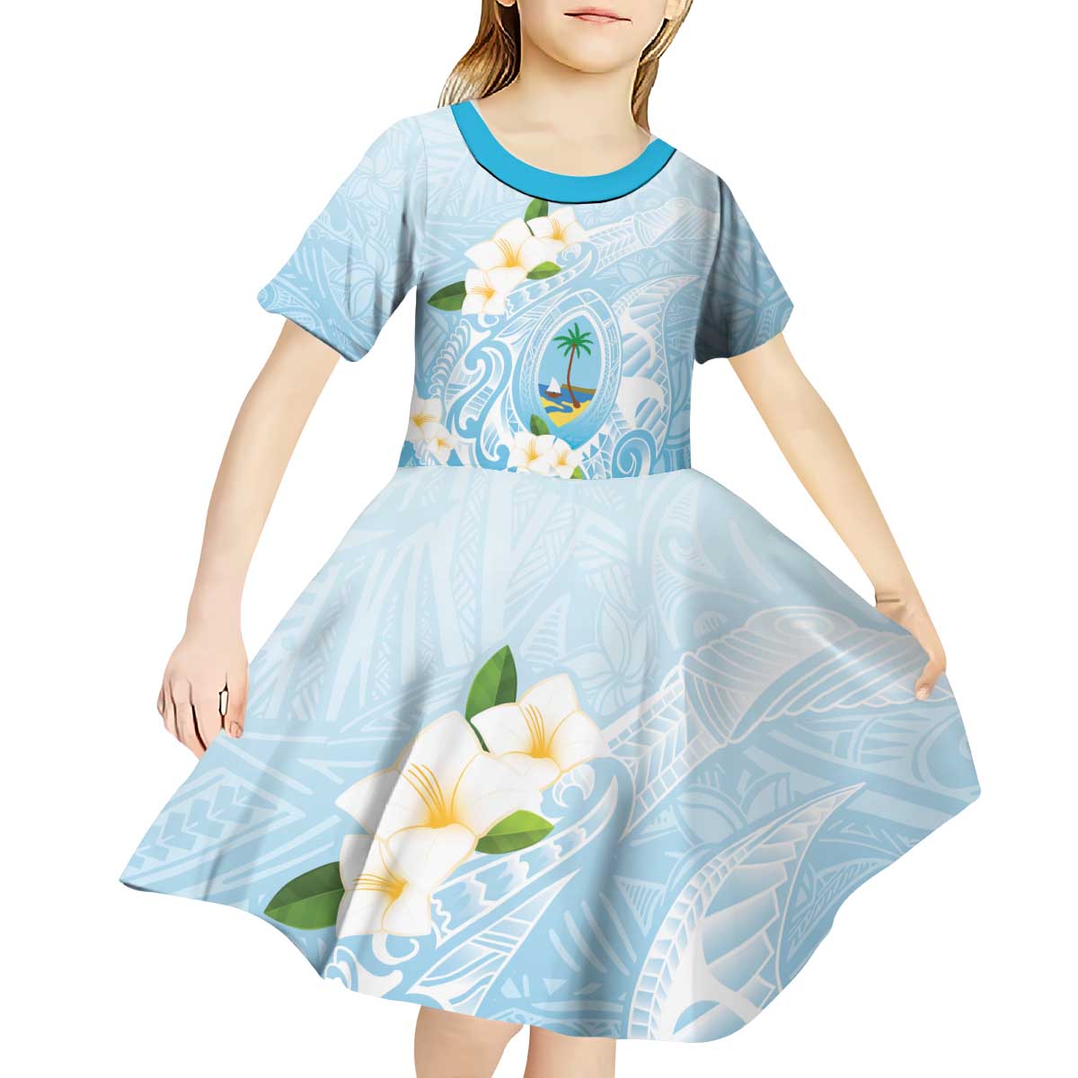 Guam Fishhook Mix Guasali Flowers Kid Short Sleeve Dress Dreaming Turquoise LT7 - Polynesian Pride