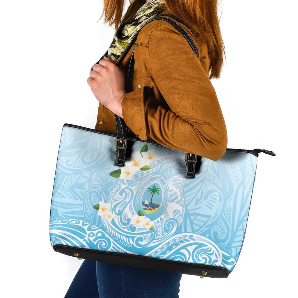 Guam Fishhook Mix Guasali Flowers Leather Tote Bag Dreaming Turquoise LT7 Turquoise - Polynesian Pride