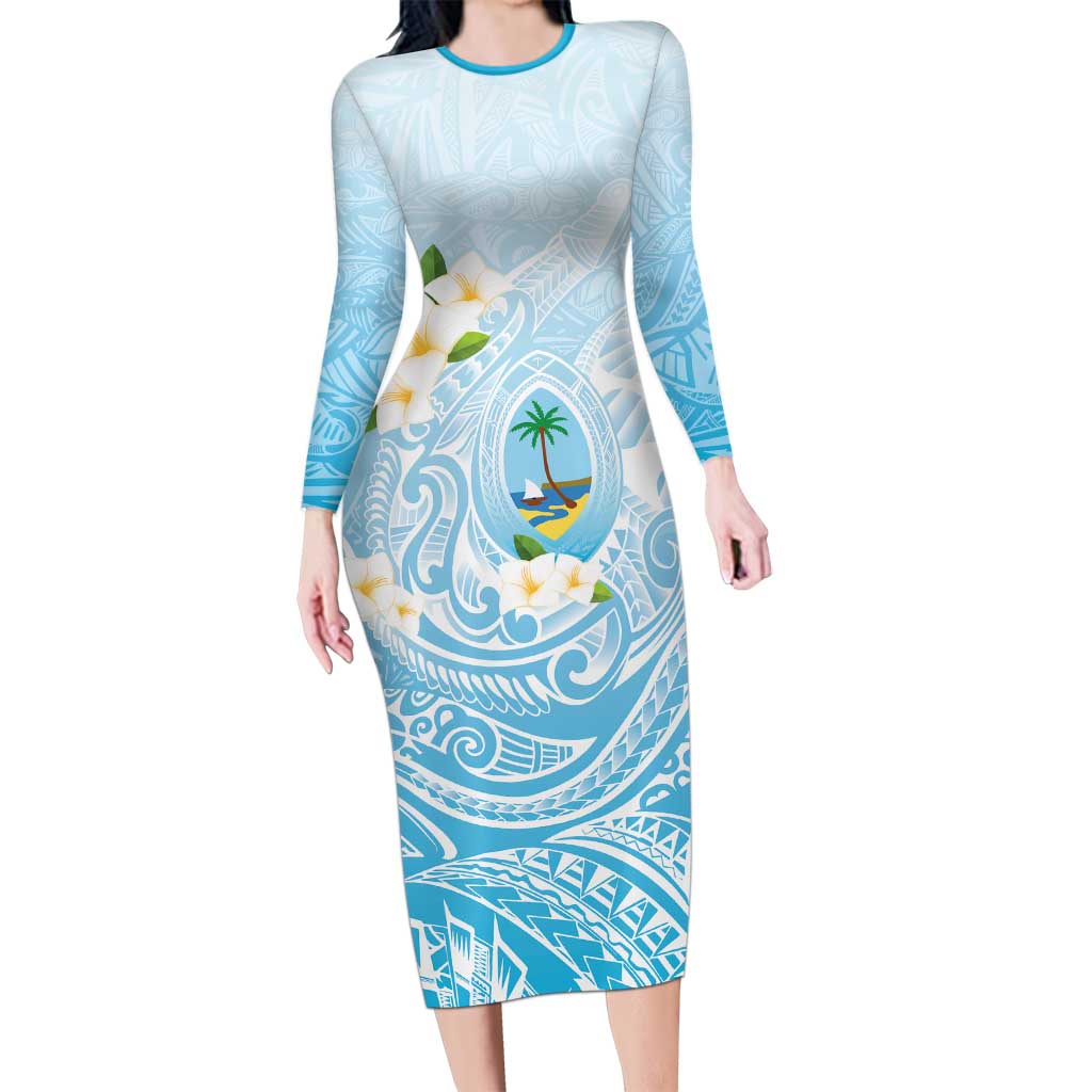 Guam Fishhook Mix Guasali Flowers Long Sleeve Bodycon Dress Dreaming Turquoise LT7 Long Dress Turquoise - Polynesian Pride