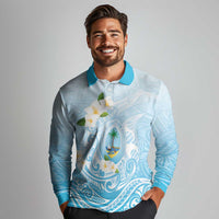 Guam Fishhook Mix Guasali Flowers Long Sleeve Polo Shirt Dreaming Turquoise LT7 - Polynesian Pride