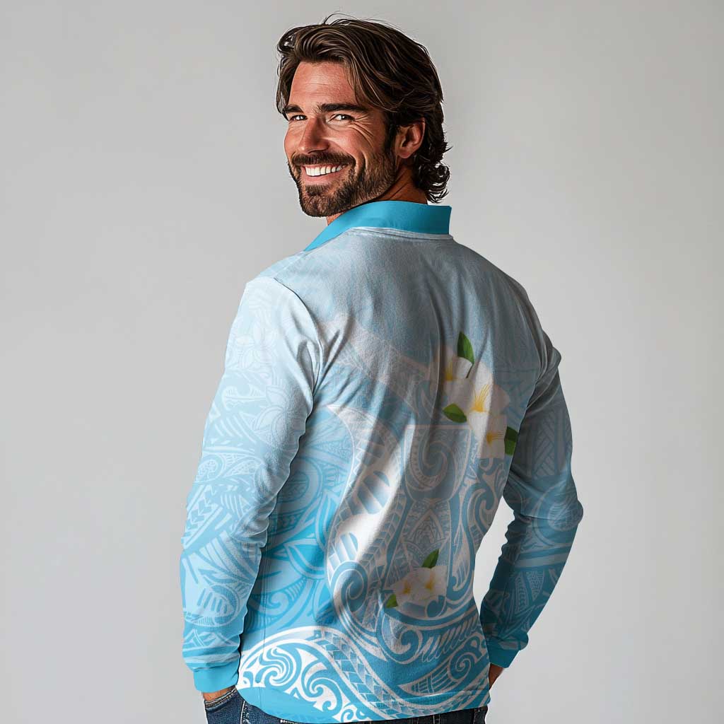 Guam Fishhook Mix Guasali Flowers Long Sleeve Polo Shirt Dreaming Turquoise LT7 - Polynesian Pride