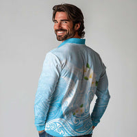 Guam Fishhook Mix Guasali Flowers Long Sleeve Polo Shirt Dreaming Turquoise LT7 - Polynesian Pride