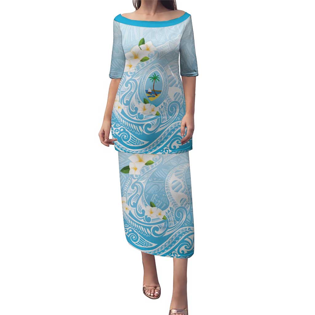Guam Fishhook Mix Guasali Flowers Puletasi Dreaming Turquoise LT7 Long Dress Turquoise - Polynesian Pride
