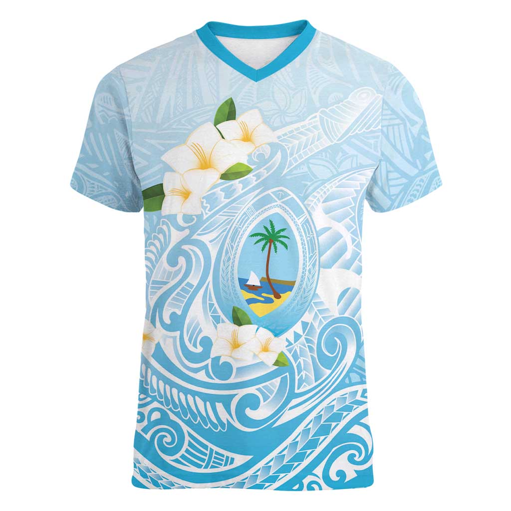 Guam Fishhook Mix Guasali Flowers Women V-Neck T-Shirt Dreaming Turquoise LT7 Female Turquoise - Polynesian Pride
