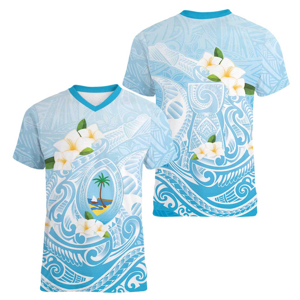 Guam Fishhook Mix Guasali Flowers Women V-Neck T-Shirt Dreaming Turquoise LT7 - Polynesian Pride