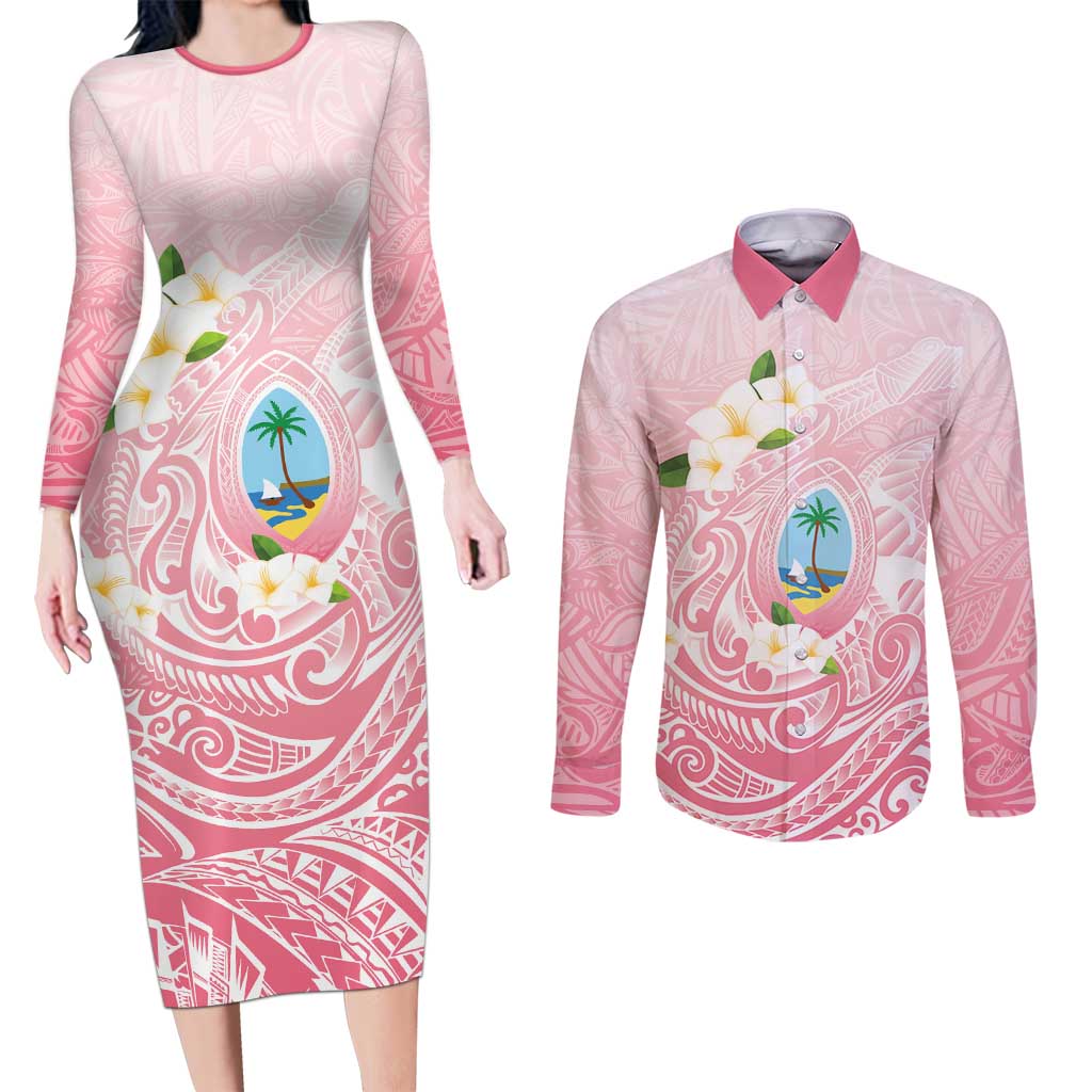 Guam Fishhook Mix Guasali Flowers Couples Matching Long Sleeve Bodycon Dress and Long Sleeve Button Shirt Dreaming Coral LT7 Pink - Polynesian Pride