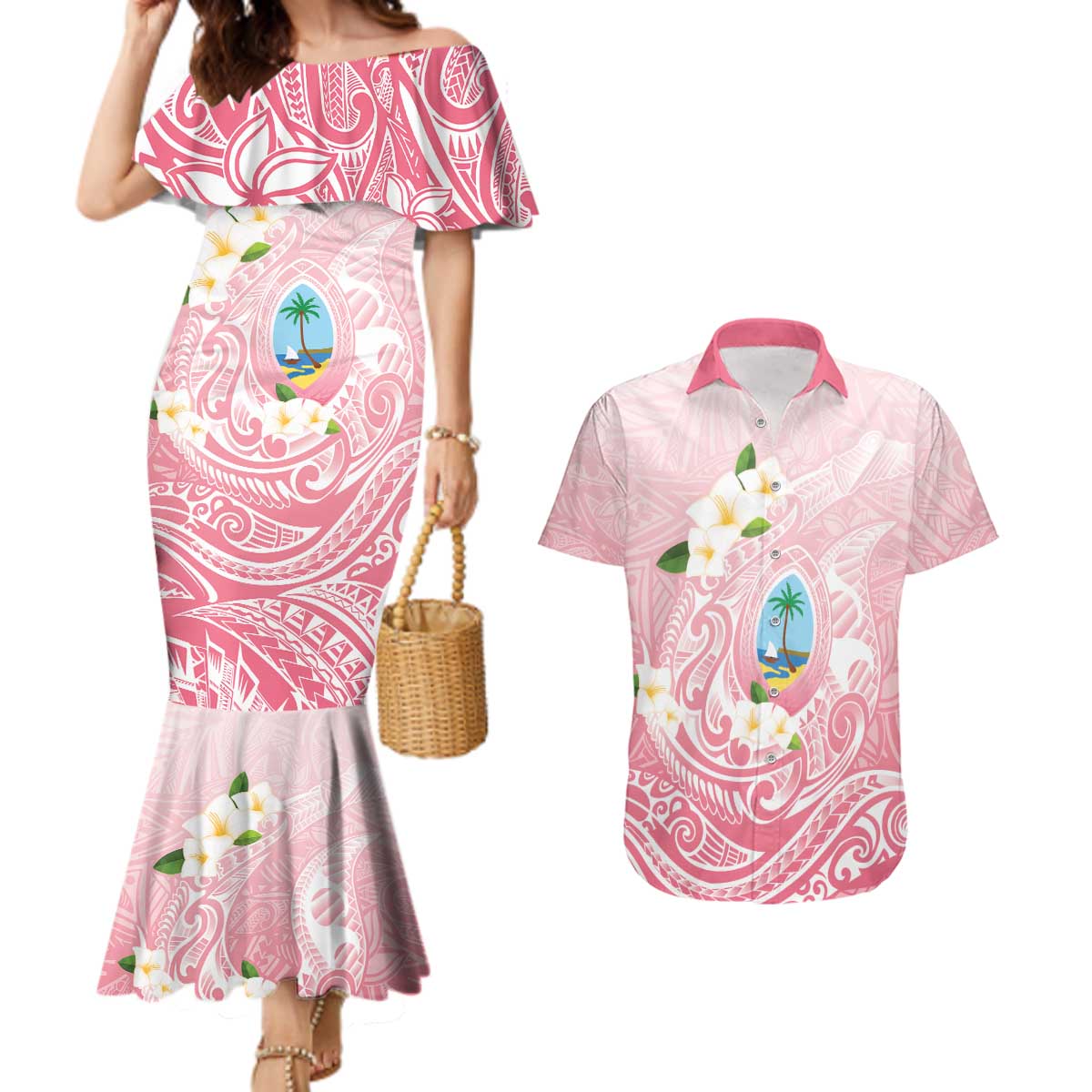 Guam Fishhook Mix Guasali Flowers Couples Matching Mermaid Dress and Hawaiian Shirt Dreaming Coral