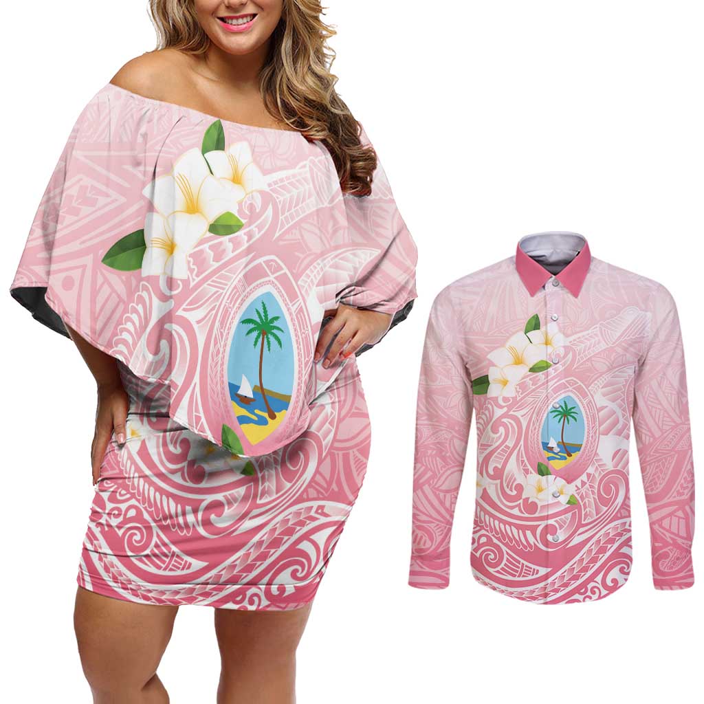 Guam Fishhook Mix Guasali Flowers Couples Matching Off Shoulder Short Dress and Long Sleeve Button Shirt Dreaming Coral LT7 Pink - Polynesian Pride