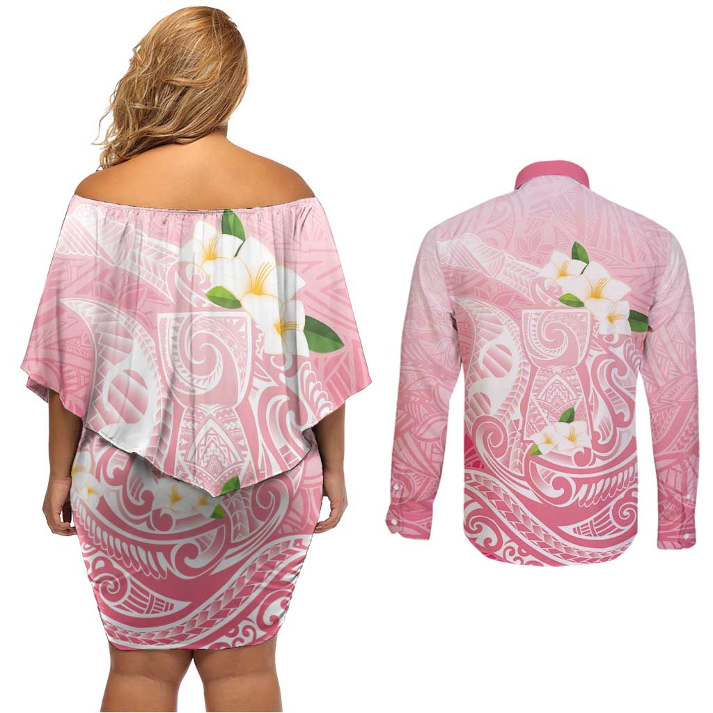 Guam Fishhook Mix Guasali Flowers Couples Matching Off Shoulder Short Dress and Long Sleeve Button Shirt Dreaming Coral LT7 - Polynesian Pride