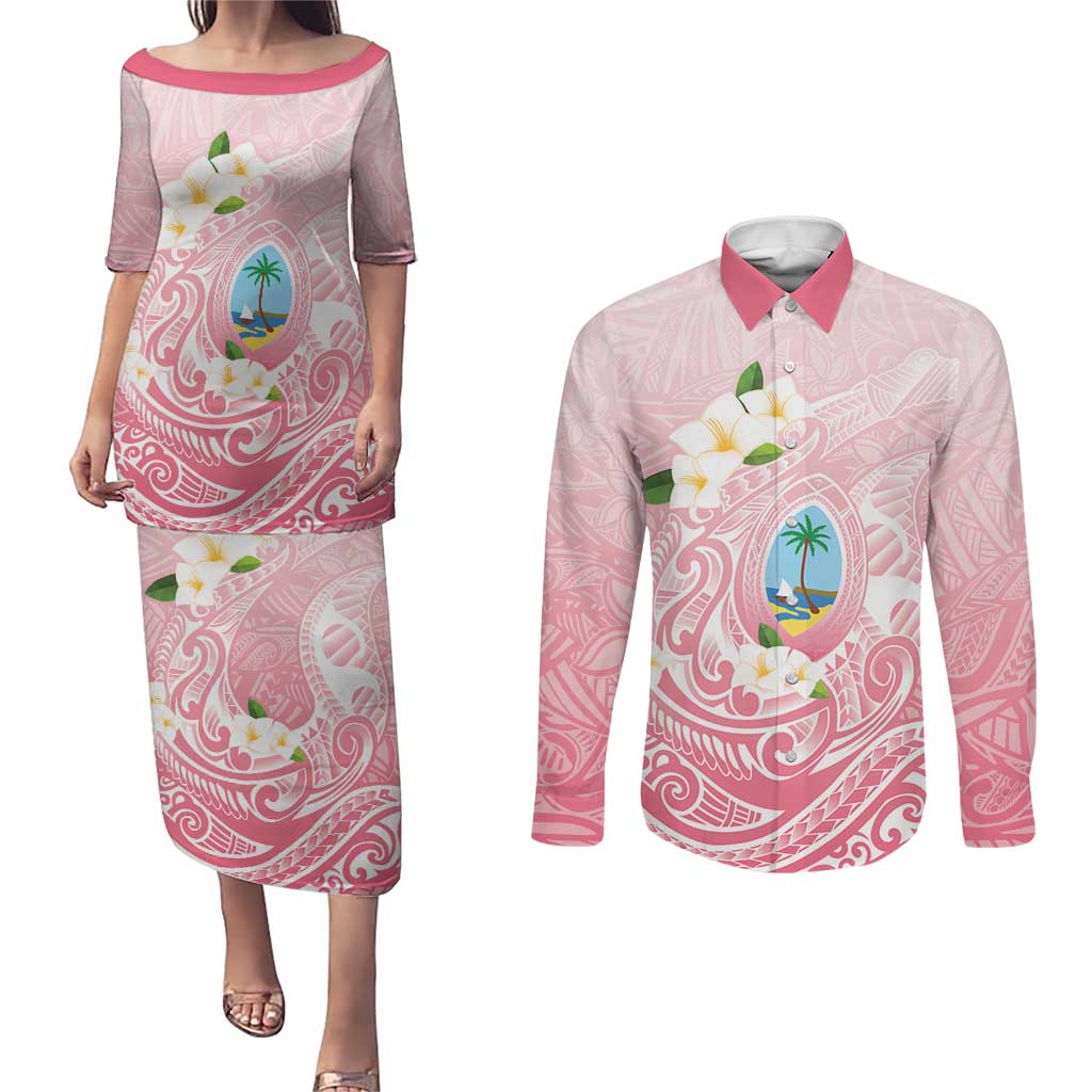 Guam Fishhook Mix Guasali Flowers Couples Matching Puletasi and Long Sleeve Button Shirt Dreaming Coral LT7 Pink - Polynesian Pride