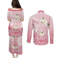 Guam Fishhook Mix Guasali Flowers Couples Matching Puletasi and Long Sleeve Button Shirt Dreaming Coral LT7 - Polynesian Pride