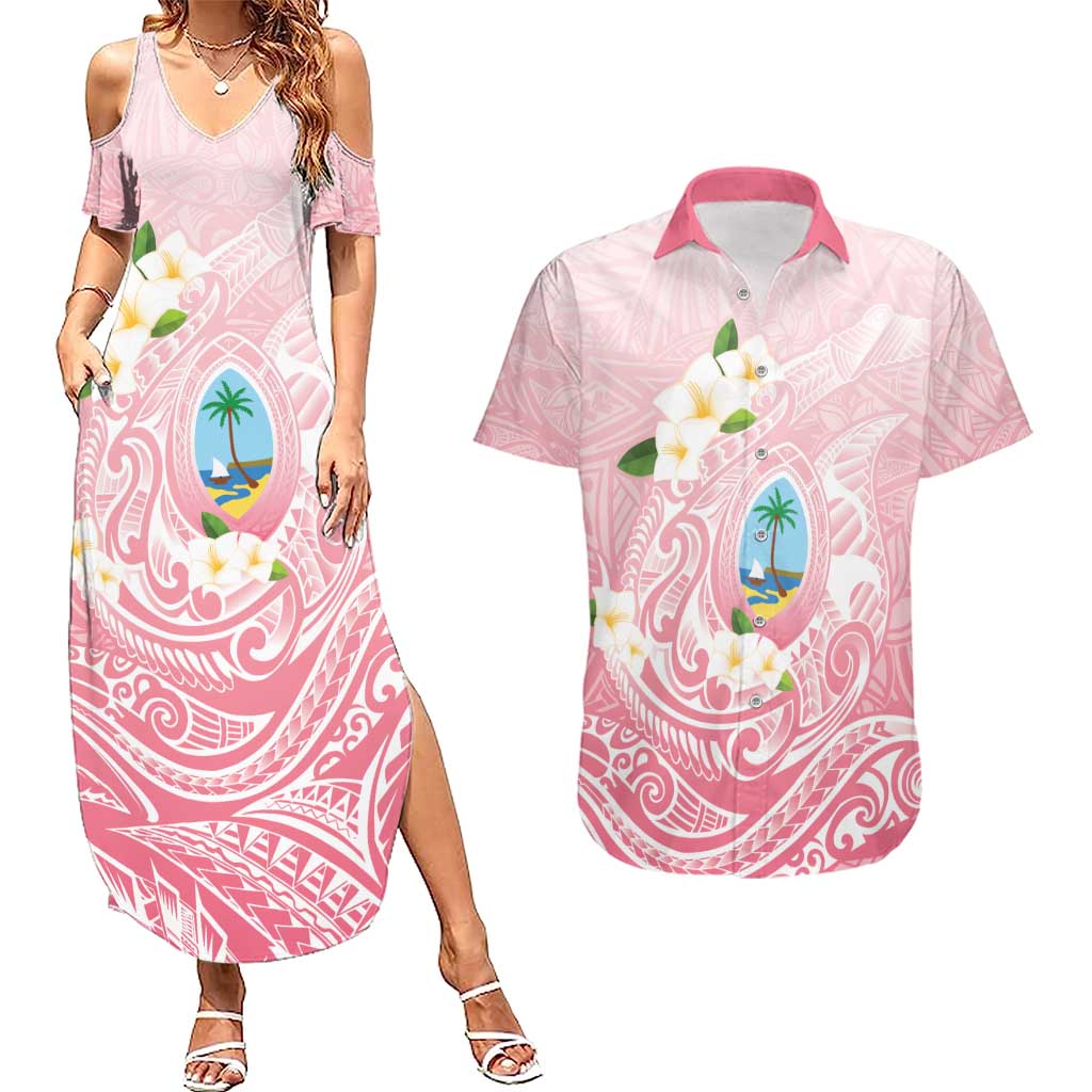 Guam Fishhook Mix Guasali Flowers Couples Matching Summer Maxi Dress and Hawaiian Shirt Dreaming Coral LT7 Pink - Polynesian Pride
