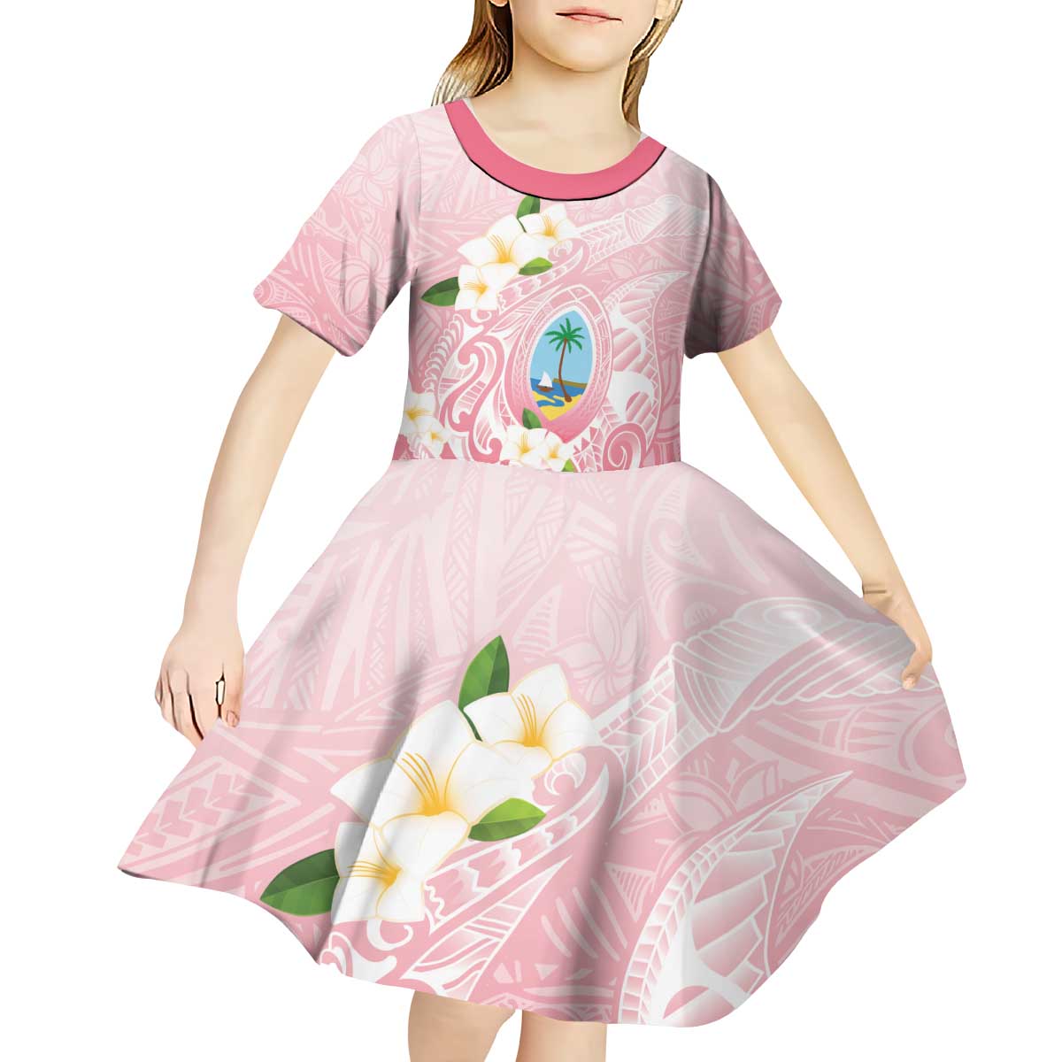 Guam Fishhook Mix Guasali Flowers Kid Short Sleeve Dress Dreaming Coral LT7 - Polynesian Pride
