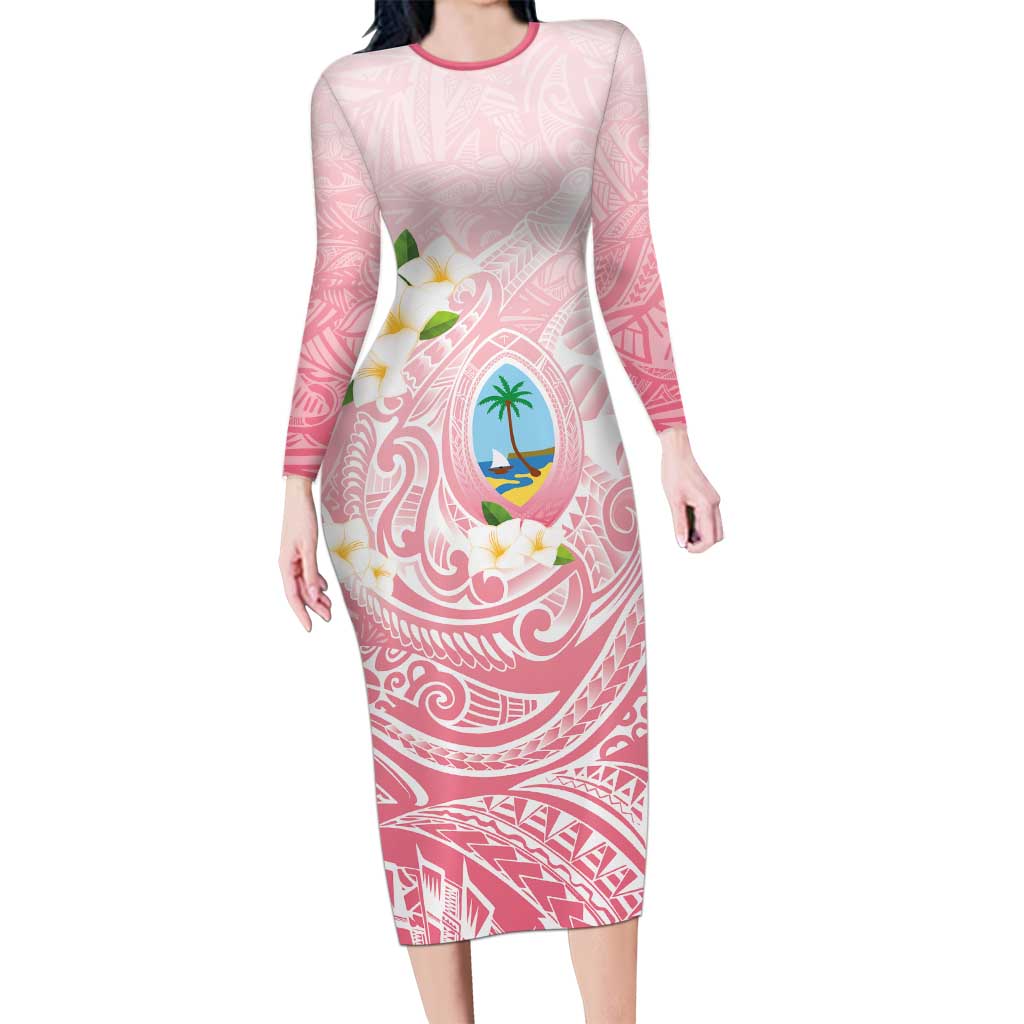 Guam Fishhook Mix Guasali Flowers Long Sleeve Bodycon Dress Dreaming Coral LT7 Long Dress Pink - Polynesian Pride
