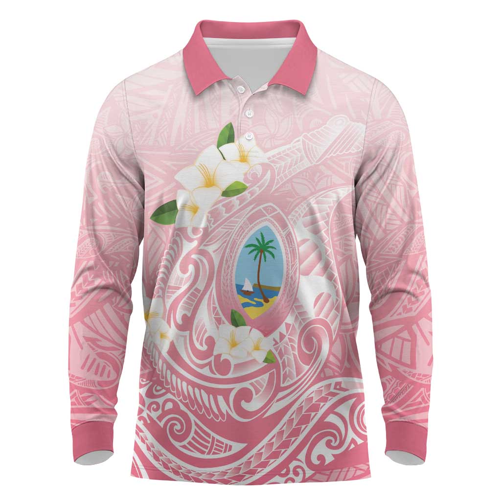 Guam Fishhook Mix Guasali Flowers Long Sleeve Polo Shirt Dreaming Coral LT7 Pink - Polynesian Pride