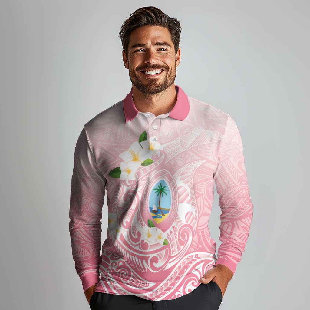 Guam Fishhook Mix Guasali Flowers Long Sleeve Polo Shirt Dreaming Coral LT7 - Polynesian Pride
