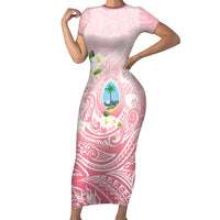 Guam Fishhook Mix Guasali Flowers Short Sleeve Bodycon Dress Dreaming Coral LT7 Long Dress Pink - Polynesian Pride