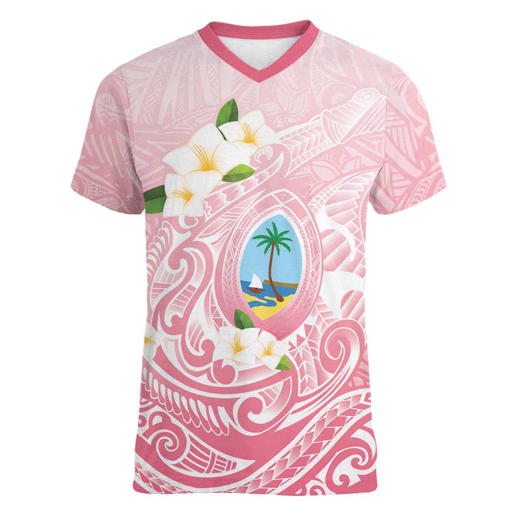 Guam Fishhook Mix Guasali Flowers Women V-Neck T-Shirt Dreaming Coral LT7 Female Pink - Polynesian Pride