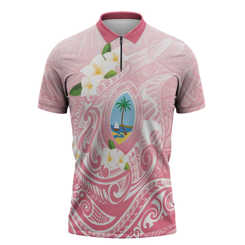 Guam Fishhook Mix Guasali Flowers Zipper Polo Shirt Dreaming Coral LT7 Pink - Polynesian Pride