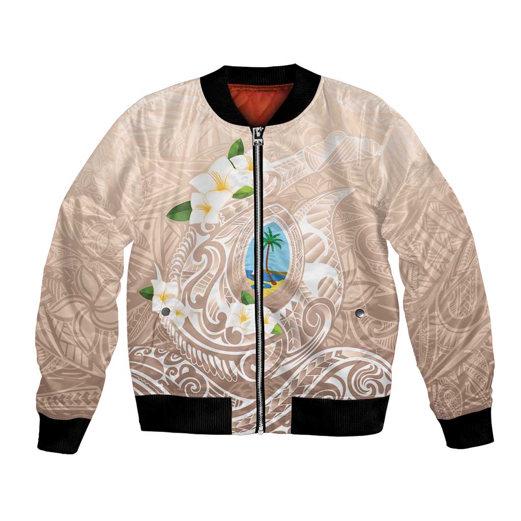 Guam Fishhook Mix Guasali Flowers Bomber Jacket Dreaming Hazel LT7 Unisex Beige - Polynesian Pride