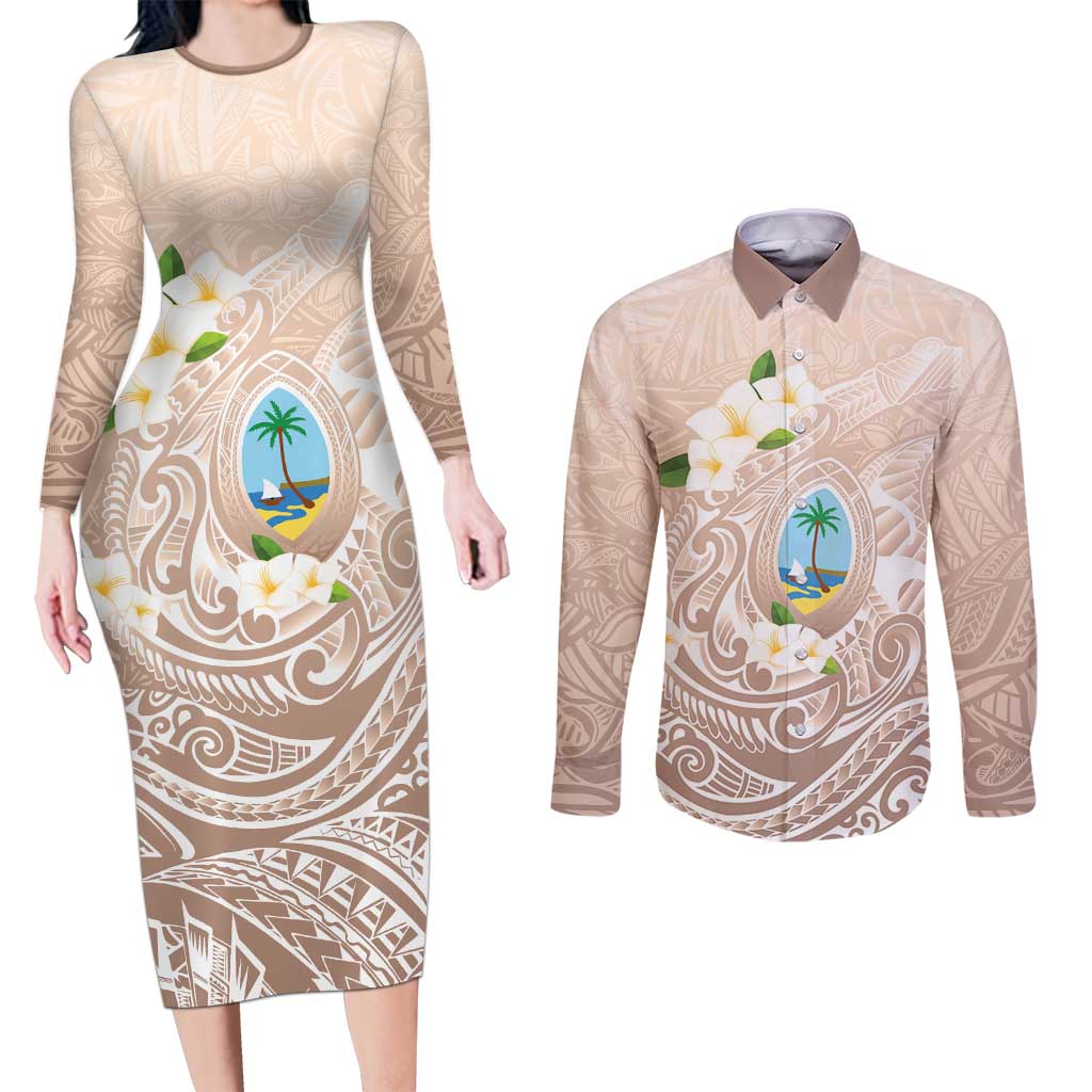 Guam Fishhook Mix Guasali Flowers Couples Matching Long Sleeve Bodycon Dress and Long Sleeve Button Shirt Dreaming Hazel LT7 Beige - Polynesian Pride