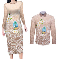 Guam Fishhook Mix Guasali Flowers Couples Matching Long Sleeve Bodycon Dress and Long Sleeve Button Shirt Dreaming Hazel LT7 Beige - Polynesian Pride