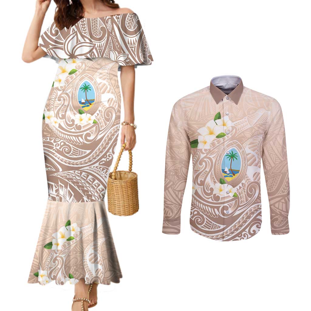 Guam Fishhook Mix Guasali Flowers Couples Matching Mermaid Dress and Long Sleeve Button Shirt Dreaming Hazel LT7 Beige - Polynesian Pride