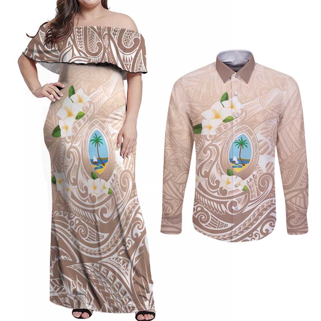 Guam Fishhook Mix Guasali Flowers Couples Matching Off Shoulder Maxi Dress and Long Sleeve Button Shirt Dreaming Hazel LT7 Beige - Polynesian Pride