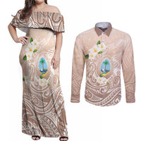Guam Fishhook Mix Guasali Flowers Couples Matching Off Shoulder Maxi Dress and Long Sleeve Button Shirt Dreaming Hazel LT7 Beige - Polynesian Pride