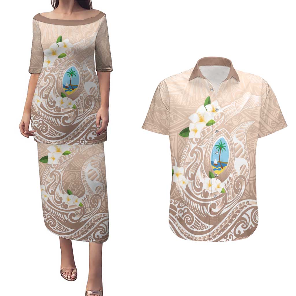 Guam Fishhook Mix Guasali Flowers Couples Matching Puletasi and Hawaiian Shirt Dreaming Hazel LT7 Beige - Polynesian Pride