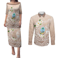 Guam Fishhook Mix Guasali Flowers Couples Matching Puletasi and Long Sleeve Button Shirt Dreaming Hazel LT7 Beige - Polynesian Pride