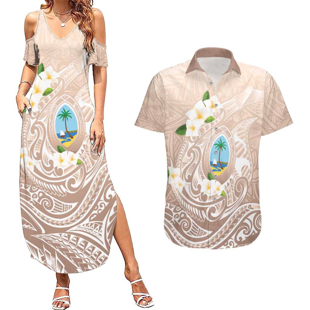 Guam Fishhook Mix Guasali Flowers Couples Matching Summer Maxi Dress and Hawaiian Shirt Dreaming Hazel LT7 Beige - Polynesian Pride