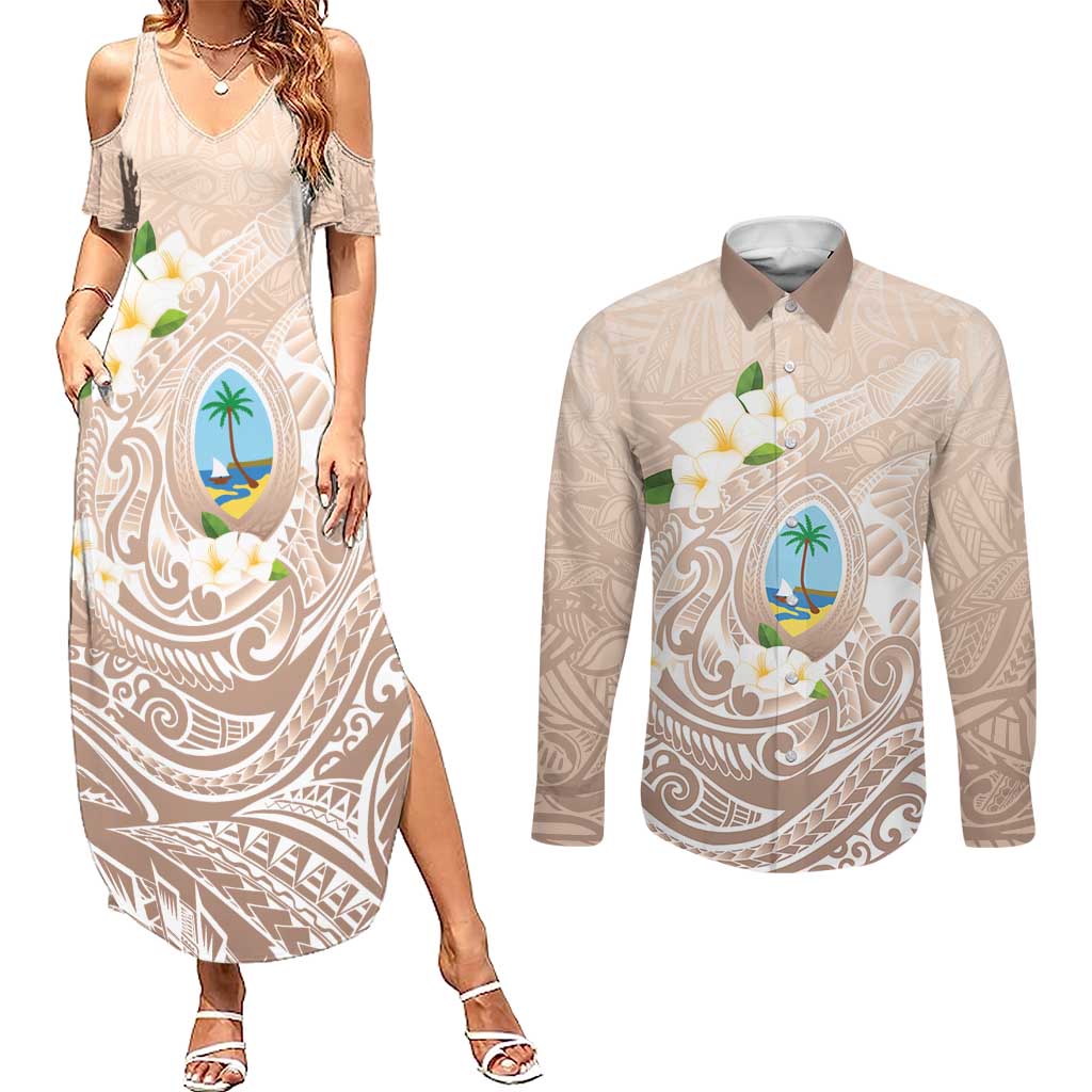 Guam Fishhook Mix Guasali Flowers Couples Matching Summer Maxi Dress and Long Sleeve Button Shirt Dreaming Hazel LT7 Beige - Polynesian Pride