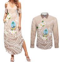 Guam Fishhook Mix Guasali Flowers Couples Matching Summer Maxi Dress and Long Sleeve Button Shirt Dreaming Hazel LT7 Beige - Polynesian Pride